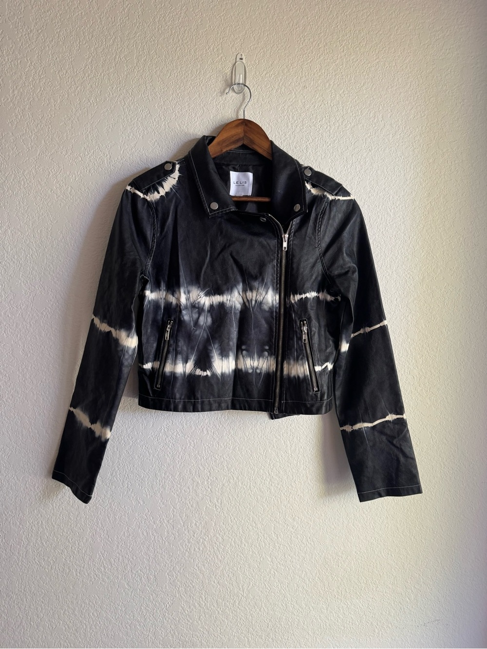 Le Lis Black Cream Tie Dye Faux Leather Moto Jacket M